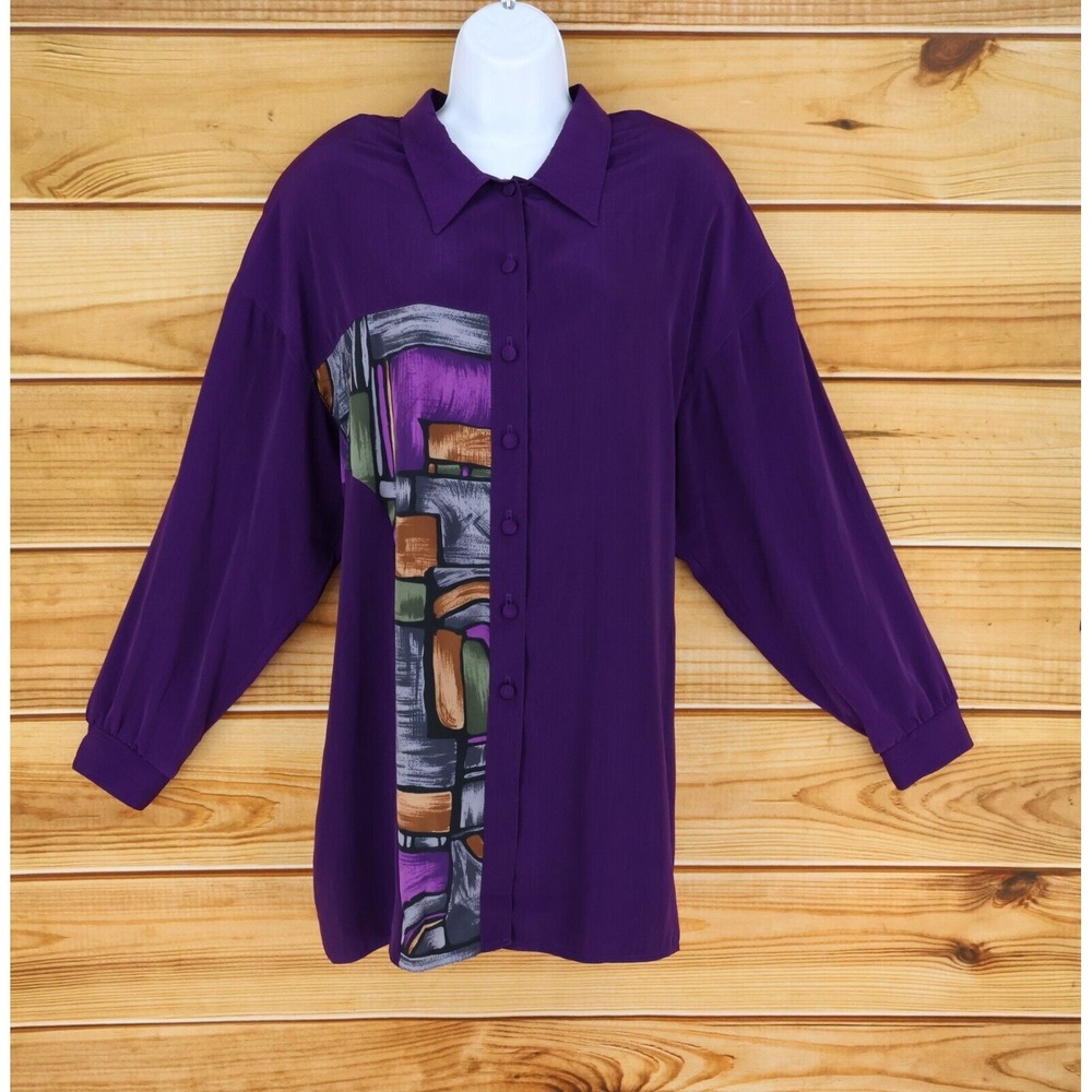 Robbie Sport Button Up Shirt Womens Size‎ 16 Dark Purple Geometric Shoulder Pads